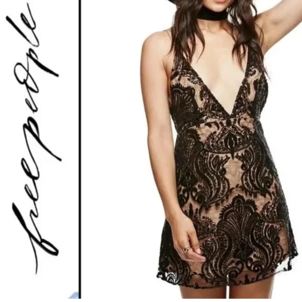 Free People Night Shimmers Sequin Black Lace Overlay Dress New Year’s party